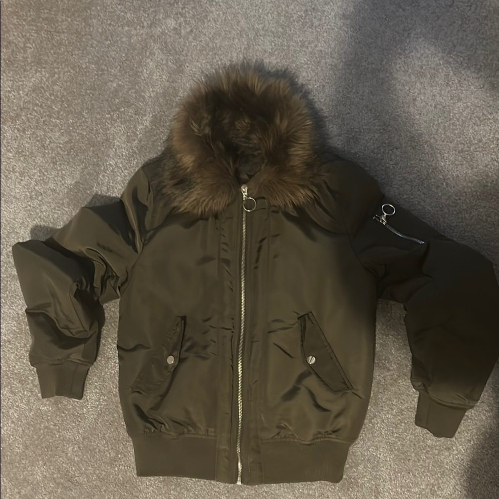 Olive Green Bomber Jacket with Fur Collar